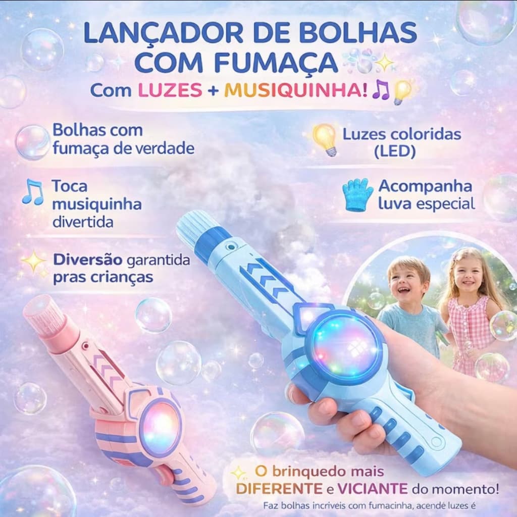 Brinquedo Bolha Sabão Fumaça Infantil com Luva Azul/Rosa Varinha Magica