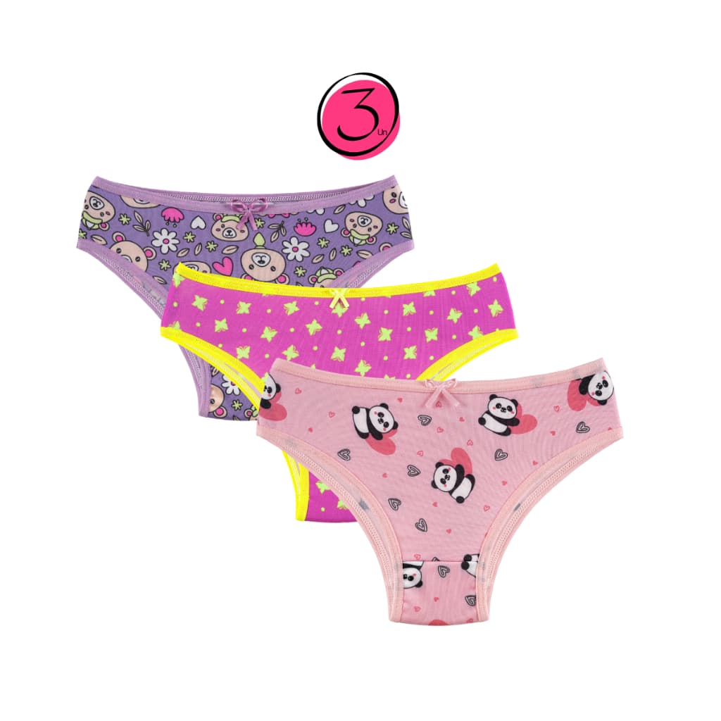 Kit 3 Calcinha Juvenil Micro Estampada Menina Moça Feminina Tanga Conforto Infantil Forro Algodão