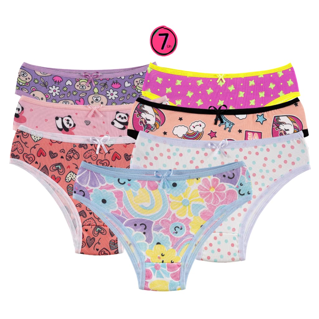 Kit 7 Calcinhas Juvenis Micro Estampada Menina Moça Feminina Tanga Infantil Conforto Forro Algodão