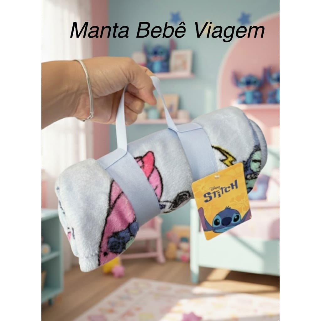 Manta Stitch Bebê Para Viagem Disney Antialérgico Alça Removivel