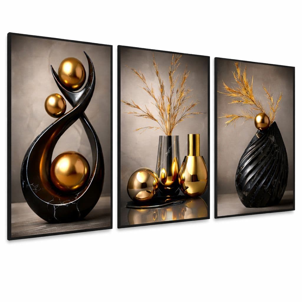 Quadro Decorativo 3 Peças Abstrato Geométrico Ramos & Vasos Marmorizados Luxo Moderno