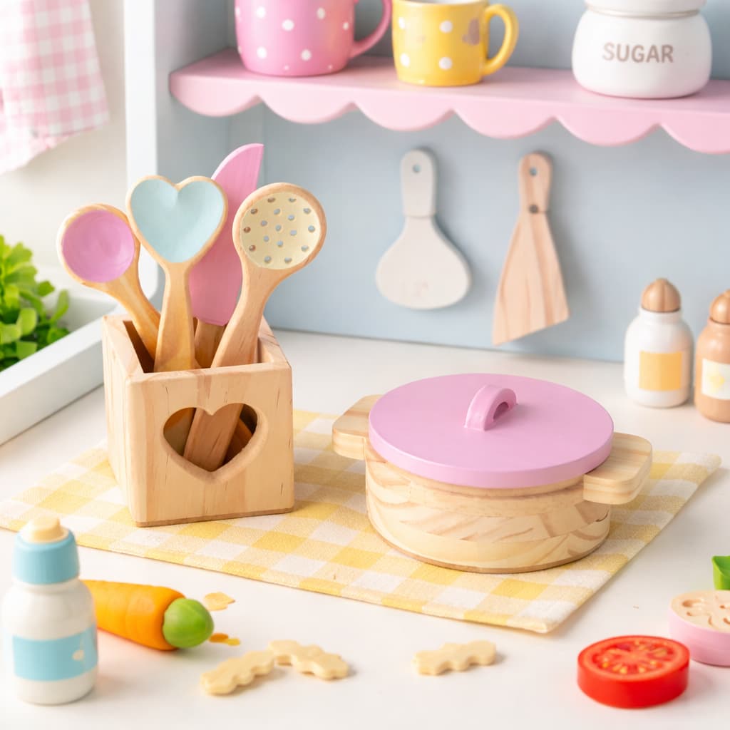 Kit Cozinha Infantil de Madeira Montessori com Panelinha Rosa e Utensílios Educativo