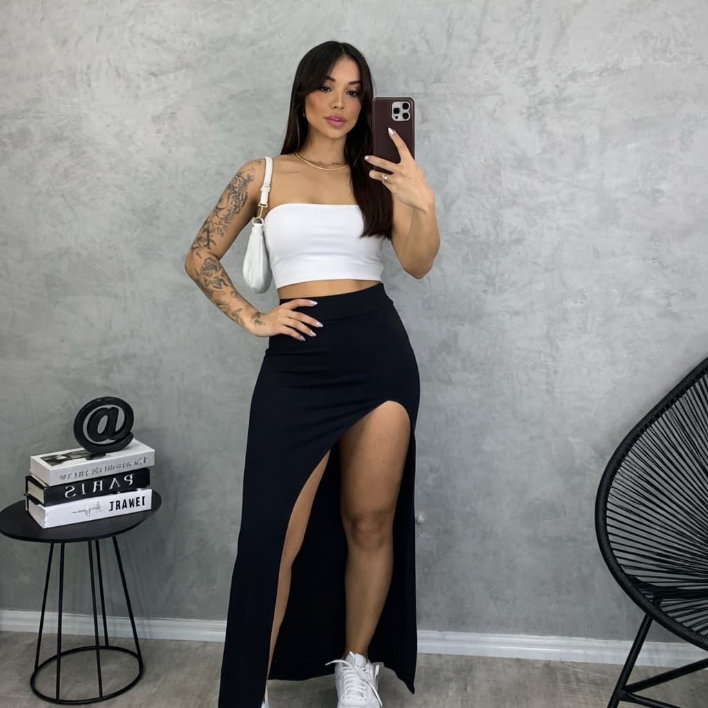 Conjunto Feminino Cropped Faixa Tube e Saia Longa Cintura Alta com Fenda
