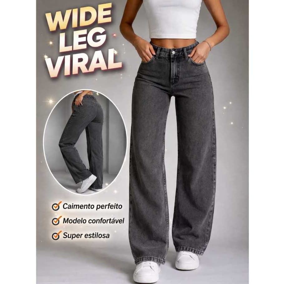 Calça Jeans Wide Leg Marmorizada Feminina Shape Perfeito Sem Elastano