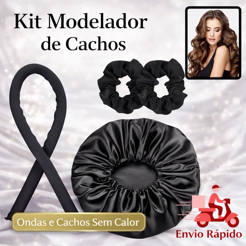 KIT 4 Peças Com Modelador de Cachos em Cetim + 2 Xuxinha Cetim + Touca de cetim anti frizz - Define