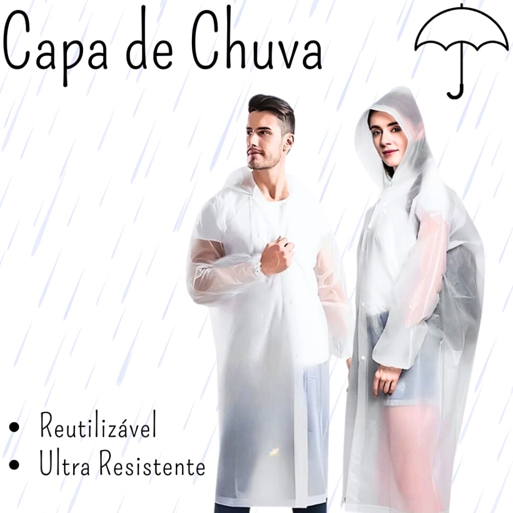 Kit Capa de Chuva Adulto Longa com Capuz Reforçada Transparente EPI Reutilizável Qualidade Premium Com Botão