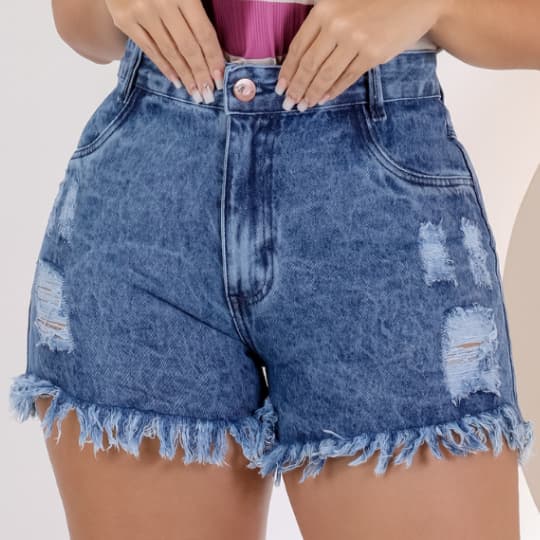 SHORT JEANS FEMININO DESFIADO BERMUDA JEANS FEMININA MARMORIZADA CINTURA ALTA