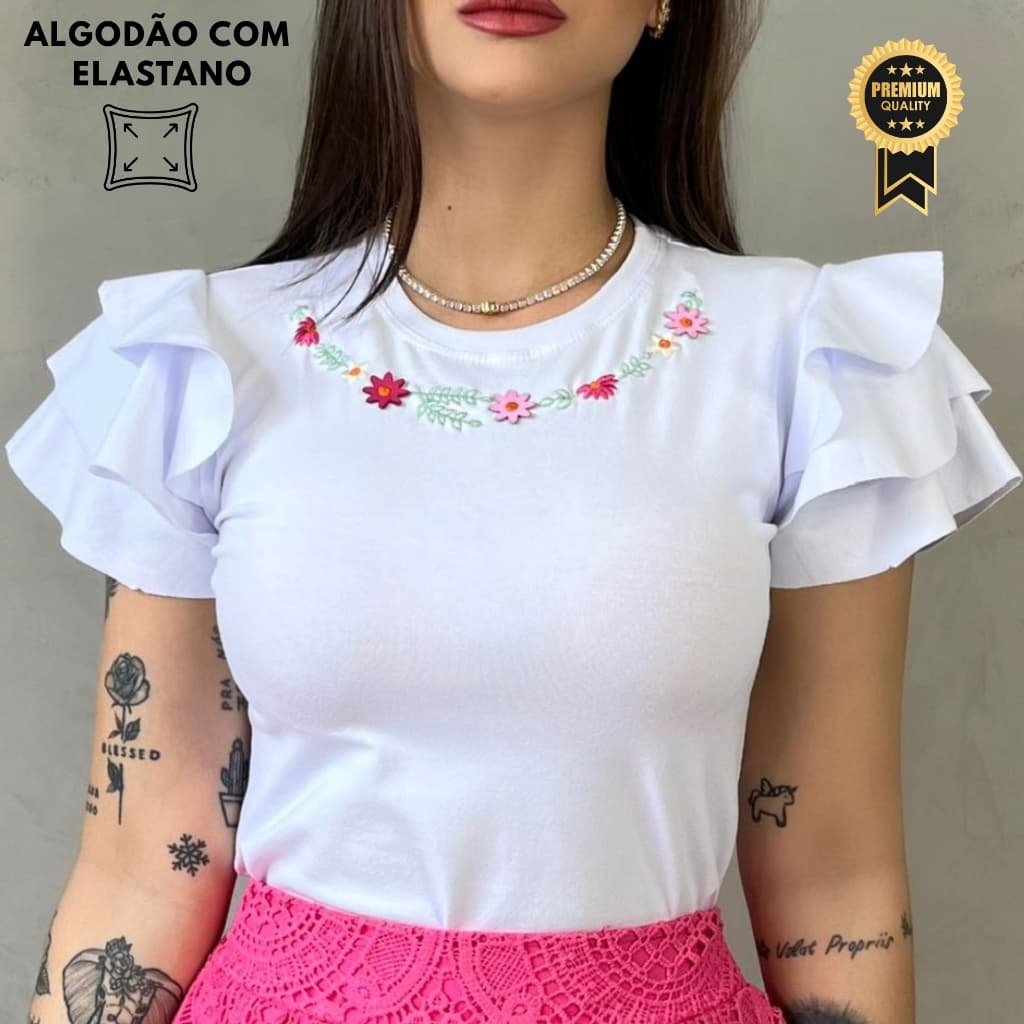 Blusa Tshirt Feminina Luxo Algodão Premium Bordada Elegante Manga Babado