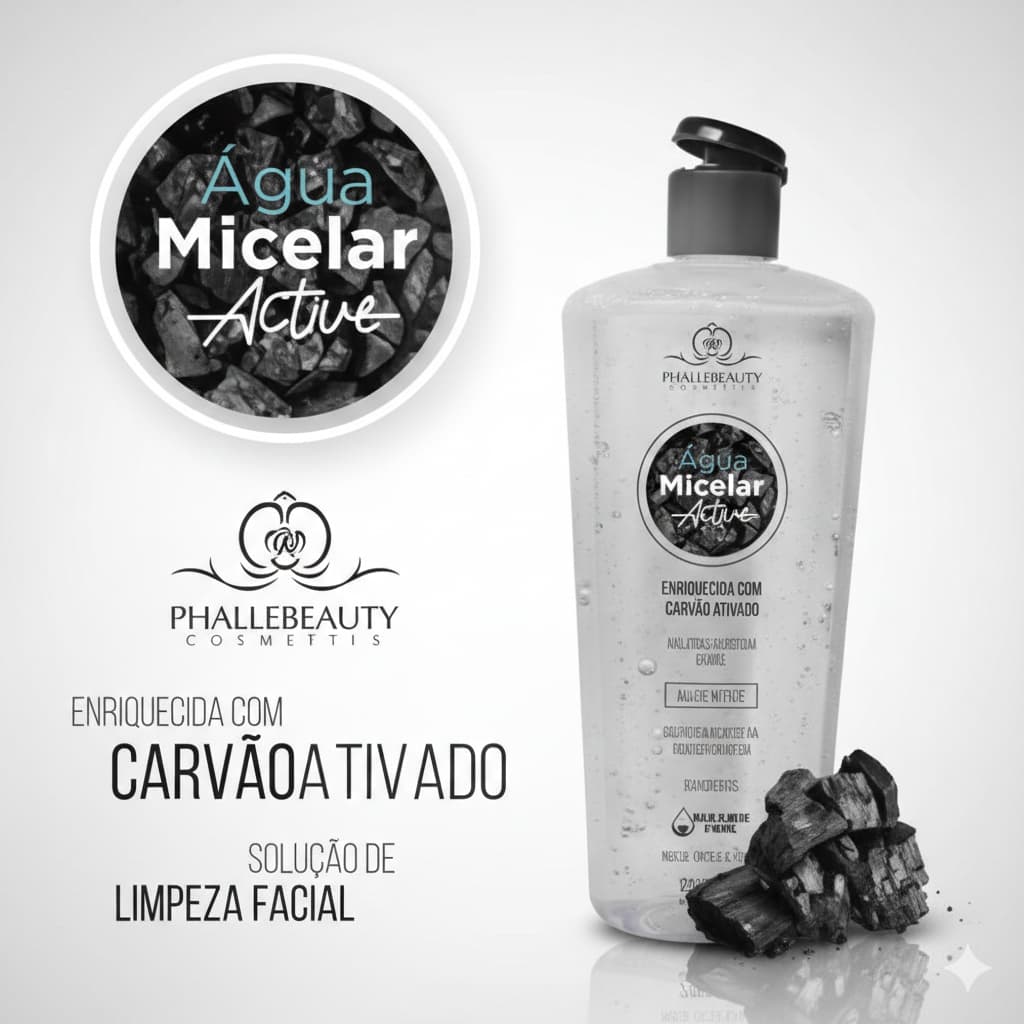 ÁGUA MICELAR CARVÃO ATIVADO PHALLEBEAUTY 250 ML – PELE LIMPA, PURIFICADA E SEM OLEOSIDADE 🖤✨