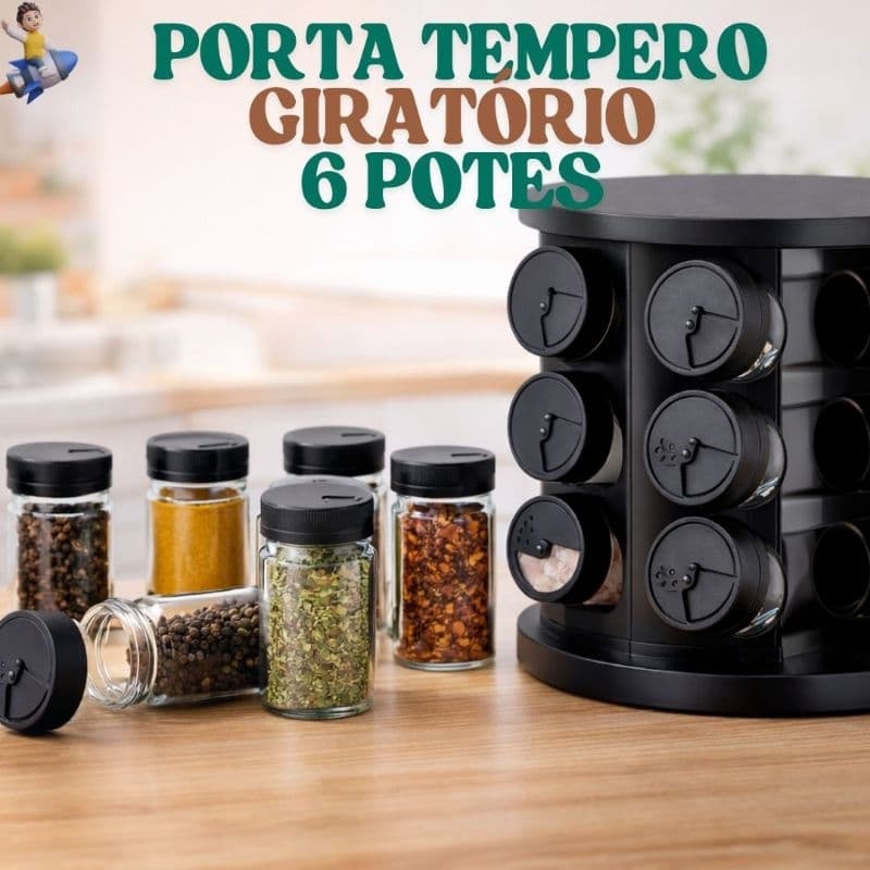 Porta Temperos Preto Giratorio Com 6 Potes Vidro Suporte Para Especiarias Giratório 360 Graus