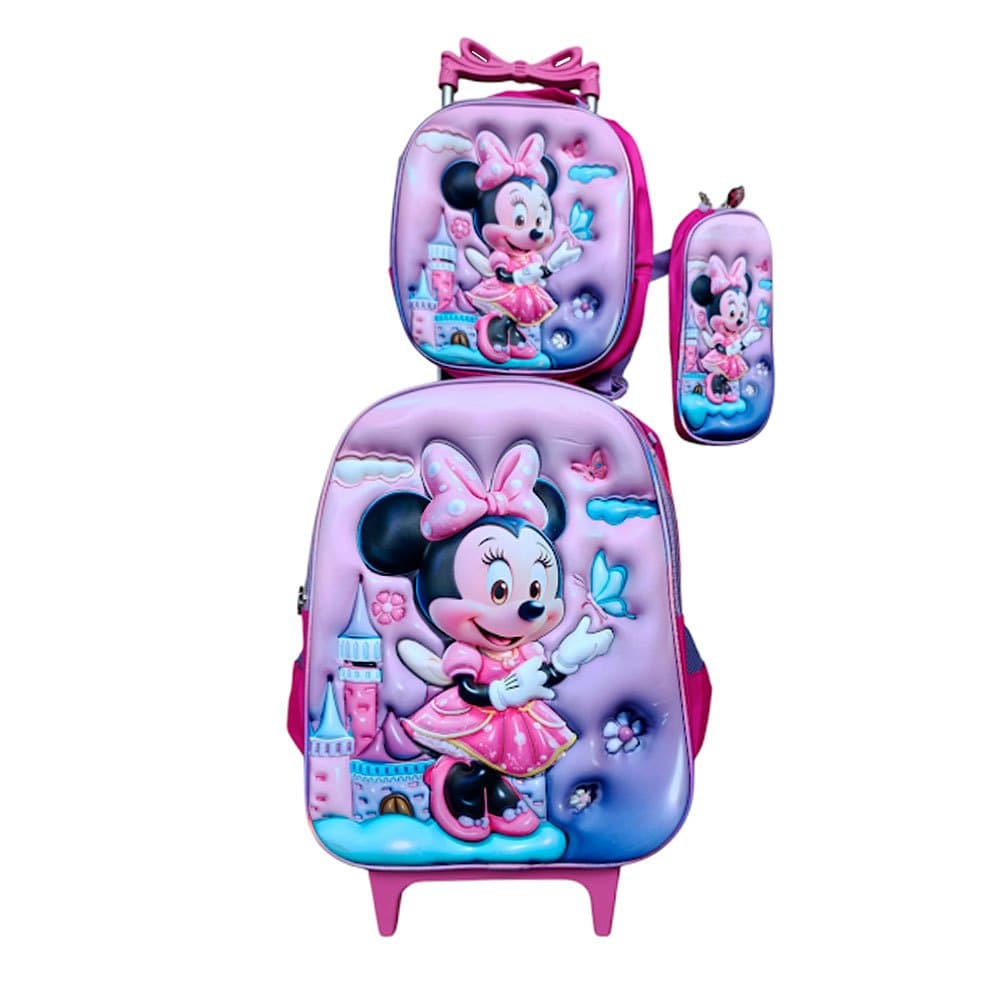 Kit Mochila Minnie com Rodinhas + Lancheira Térmica + Estojo Escolar em 3D Alto Relevo