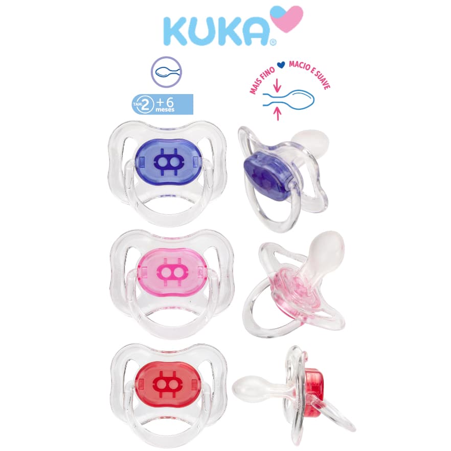 Chupeta Kuka Cristal Bico 100% Silicone Universal Simétrico Macio 6+ meses Tamanho 2 Menino e Menina