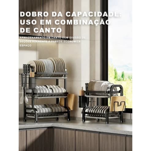 Escorredor Kitchen Rack Aço Inoxidável Organizador Louça Preto