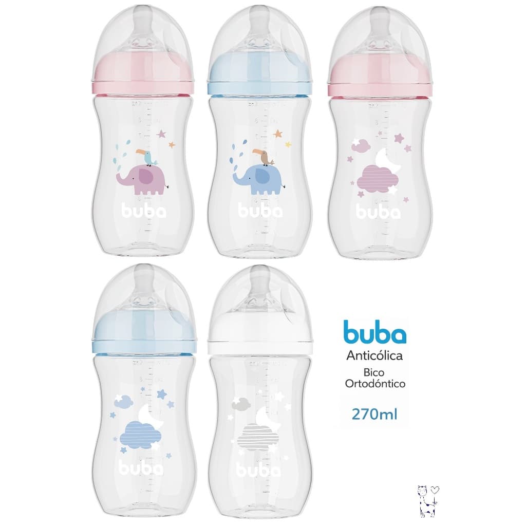 Mamadeira Anticólica Buba 270ml Bico Ortodôntico Silicone Fluxo Natural Menos Cólica Bebê