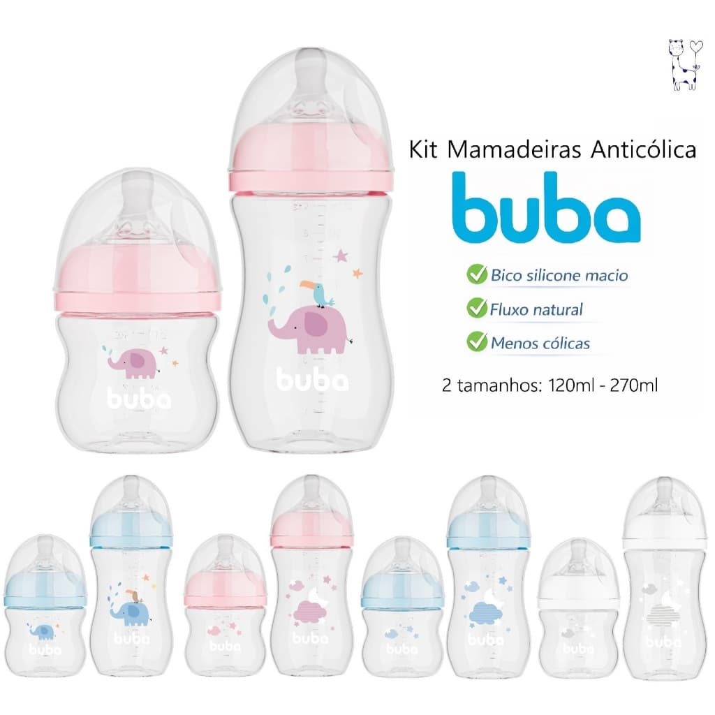Kit 2 Mamadeiras Easy Flow Buba Anticólica Original Bico Silicone Fluxo Natural 120ml 270ml BPA Free Recém-Nascido