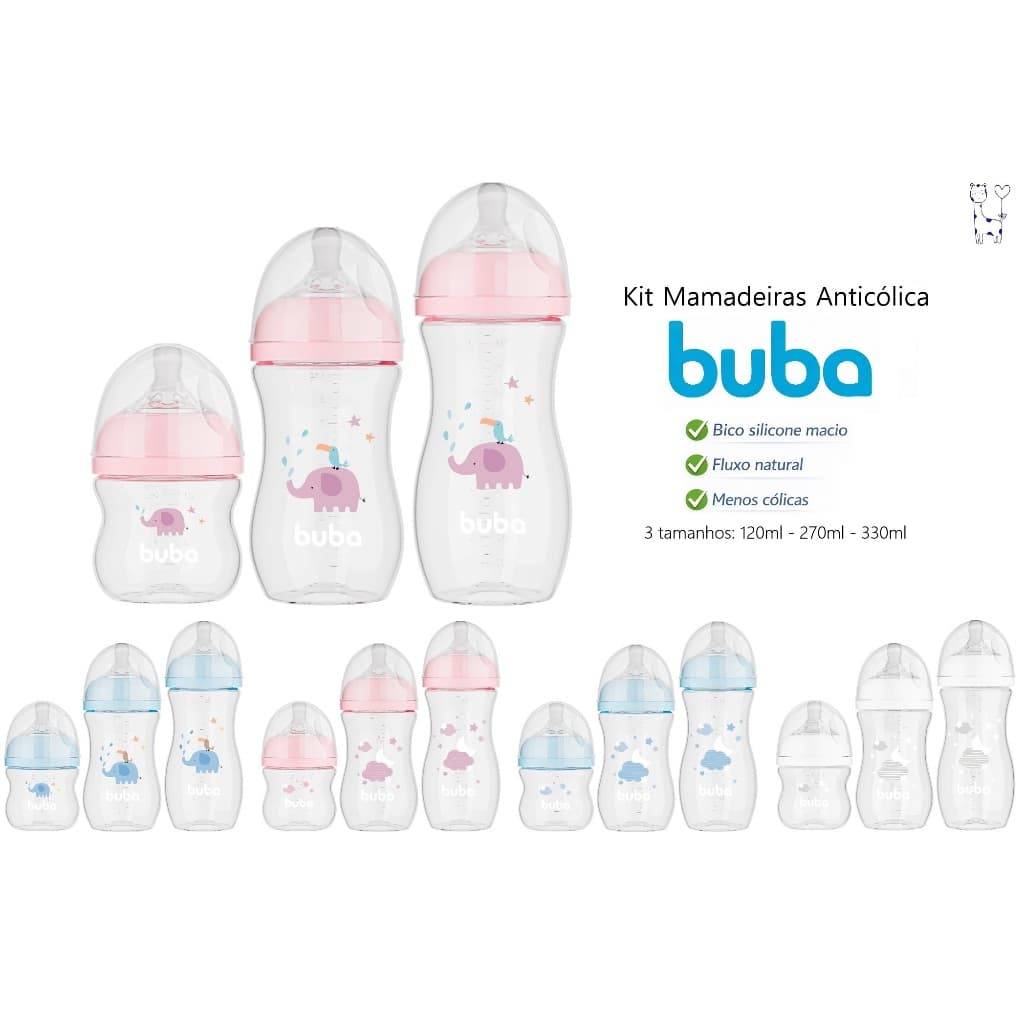 Kit Mamadeira Easy Flow Buba Anticólica 3 Unidades 120ml 270ml 330ml Bico Silicone Bebê RN