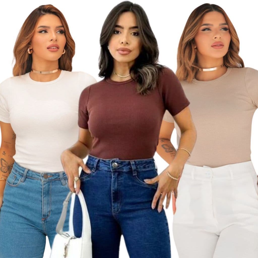 Kit 3 Blusas Ribana Feminina Básica Dia a Dia Tecido Premium