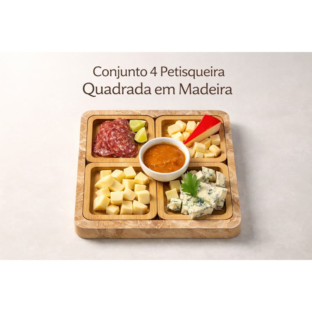 Conjunto 4 petisqueira Quadrada em Madeira Aperitivos Salgadinhos Frios