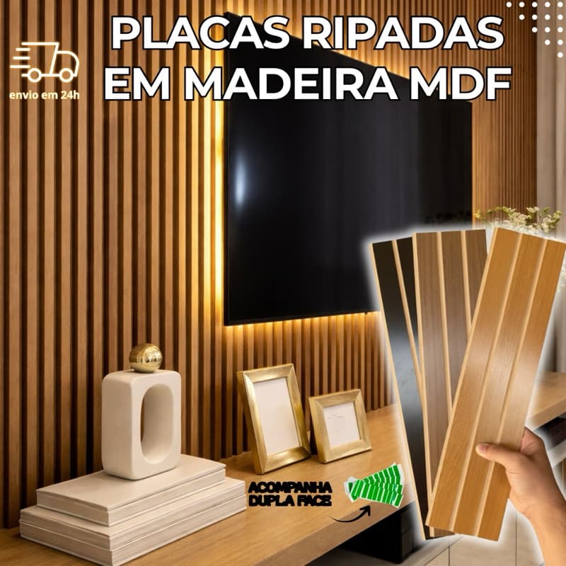 Kit 20 Até 100 Placas Painel Ripado Premium Autocolante Decorativa MDF 45x10 Casa Parede Luxo Quarto