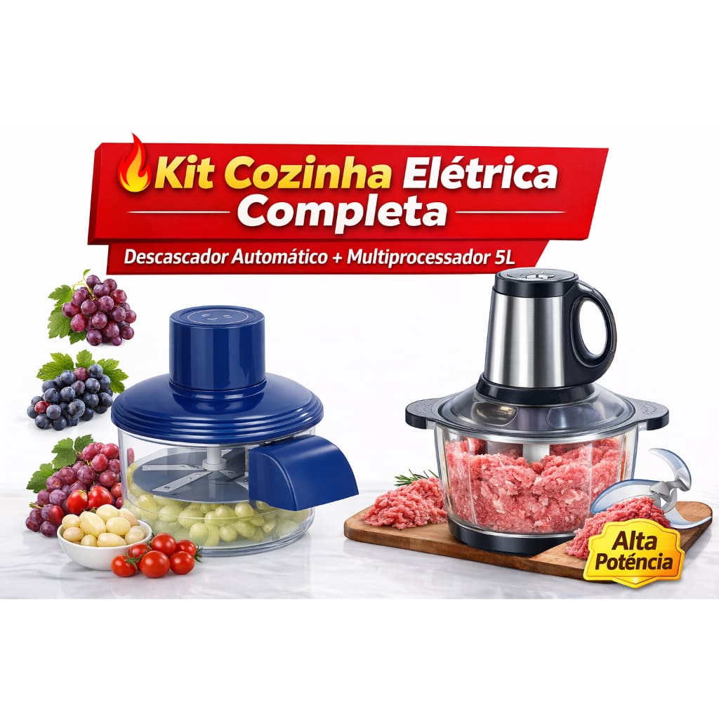 Kit Cozinha Elétrica Completa: Descascador Automático Uva e Alho + Multiprocessador Elétrico 5L Inox 110v ou 220v