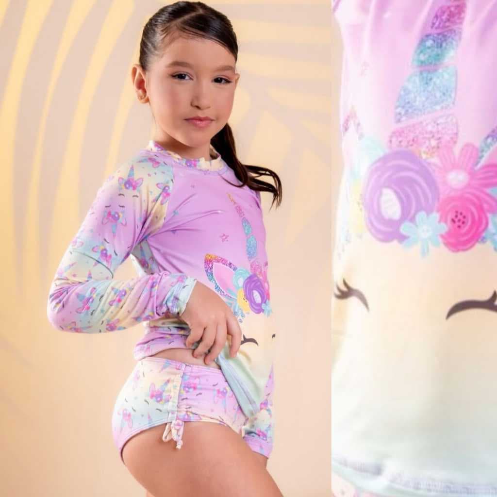 Biquini Infantil Unicornio Com Blusa UV Proteção Solar Praia Menina