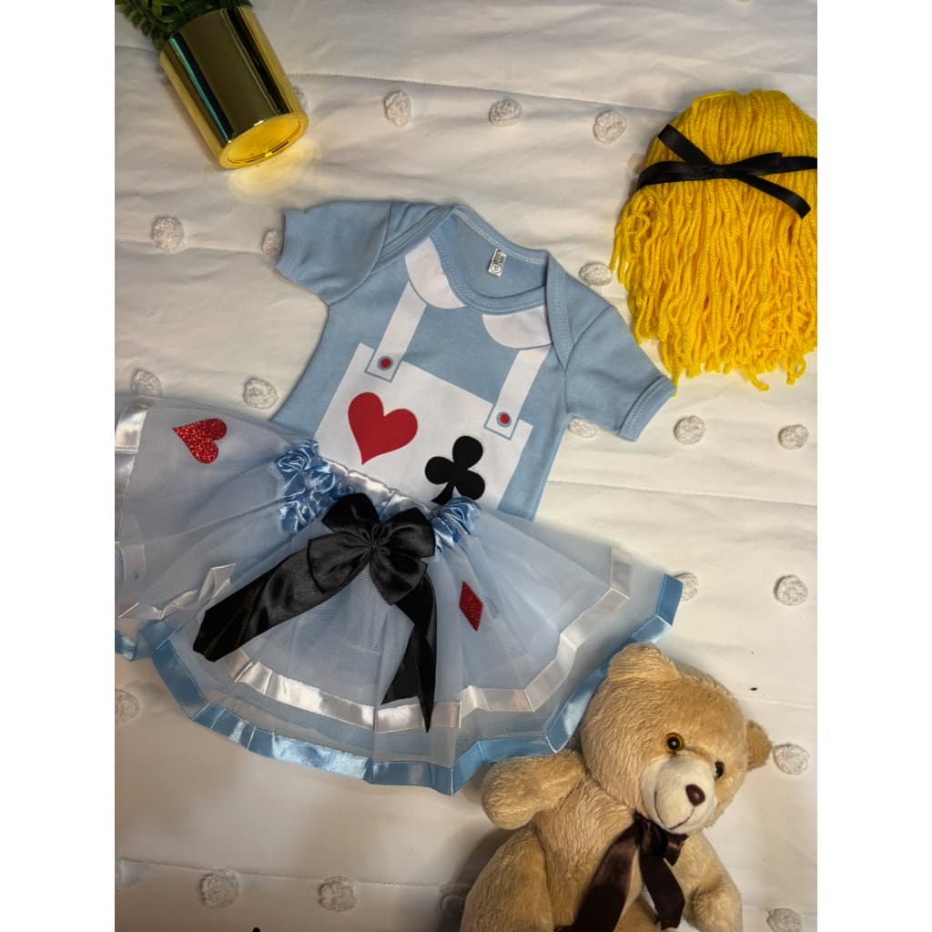 Body Saia e Tiara Bebê Mêsversário Temático Alice no Pais das Maravilhas Personagens Fantasia
