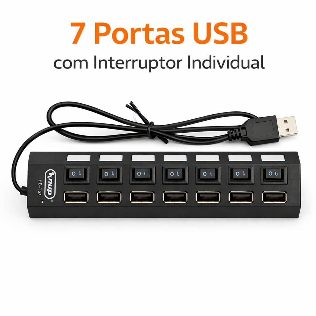 Hub USB 7 Portas 2.0 com Chave Liga/Desliga | Ideal para Notebook e PC
