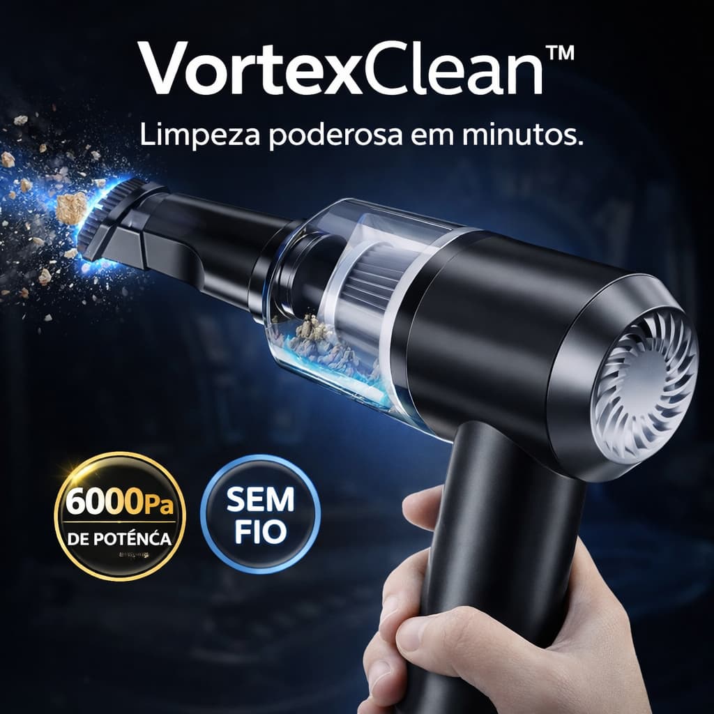 Mini Aspirador Automotivo Portátil VortexClean™ Sem Fio 6000Pa Recarregável Potente Premium Bivolt