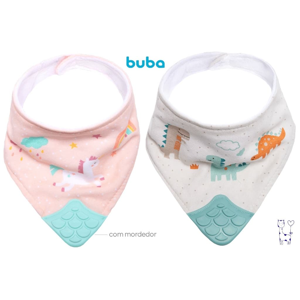 Babador Bandana Bebê com Mordedor Buba Absorvente para Dentição Unicórnio e Dino