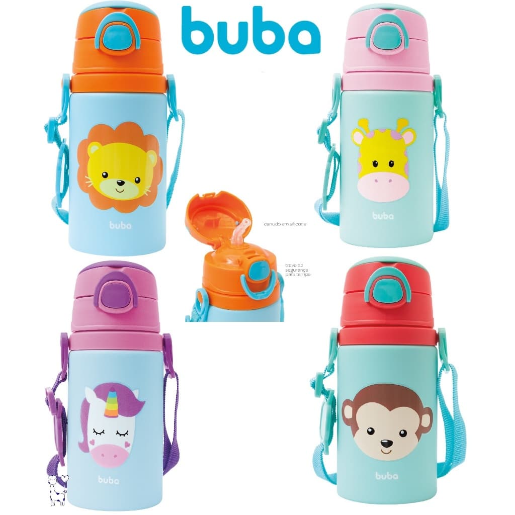 Garrafa inox Animal Fun Buba 450ml com canudo infantil diversão praticidade hidratação bebê