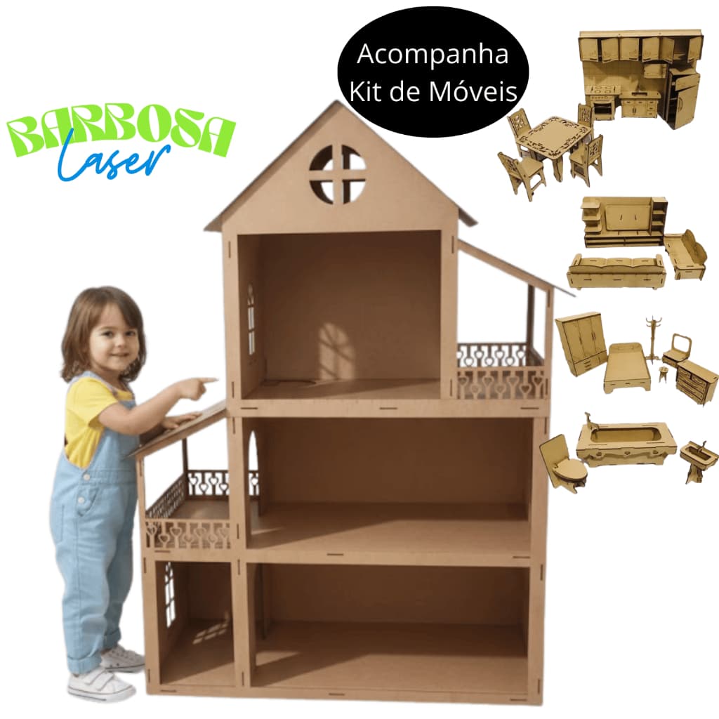 Kit de Casa em MDF com Móveis de Boneca - Conjunto Completo de Casinha e Móveis para BrincarPARA BONECA DE MAIS DE 30CM