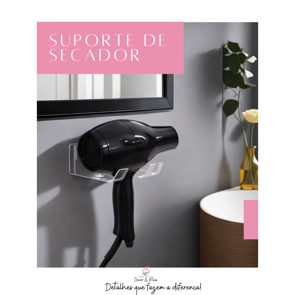 Suporte de secador de cabelo de parede - Acompanha parafusos e buchas