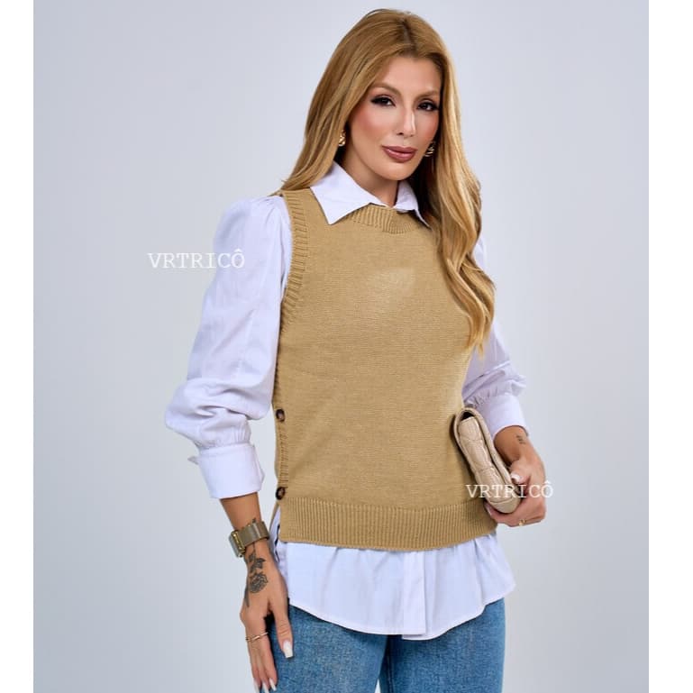 Colete Feminino Tricot Lã Premium   Casual Com Botões Blusa De Frio Fashion Escritório Chique