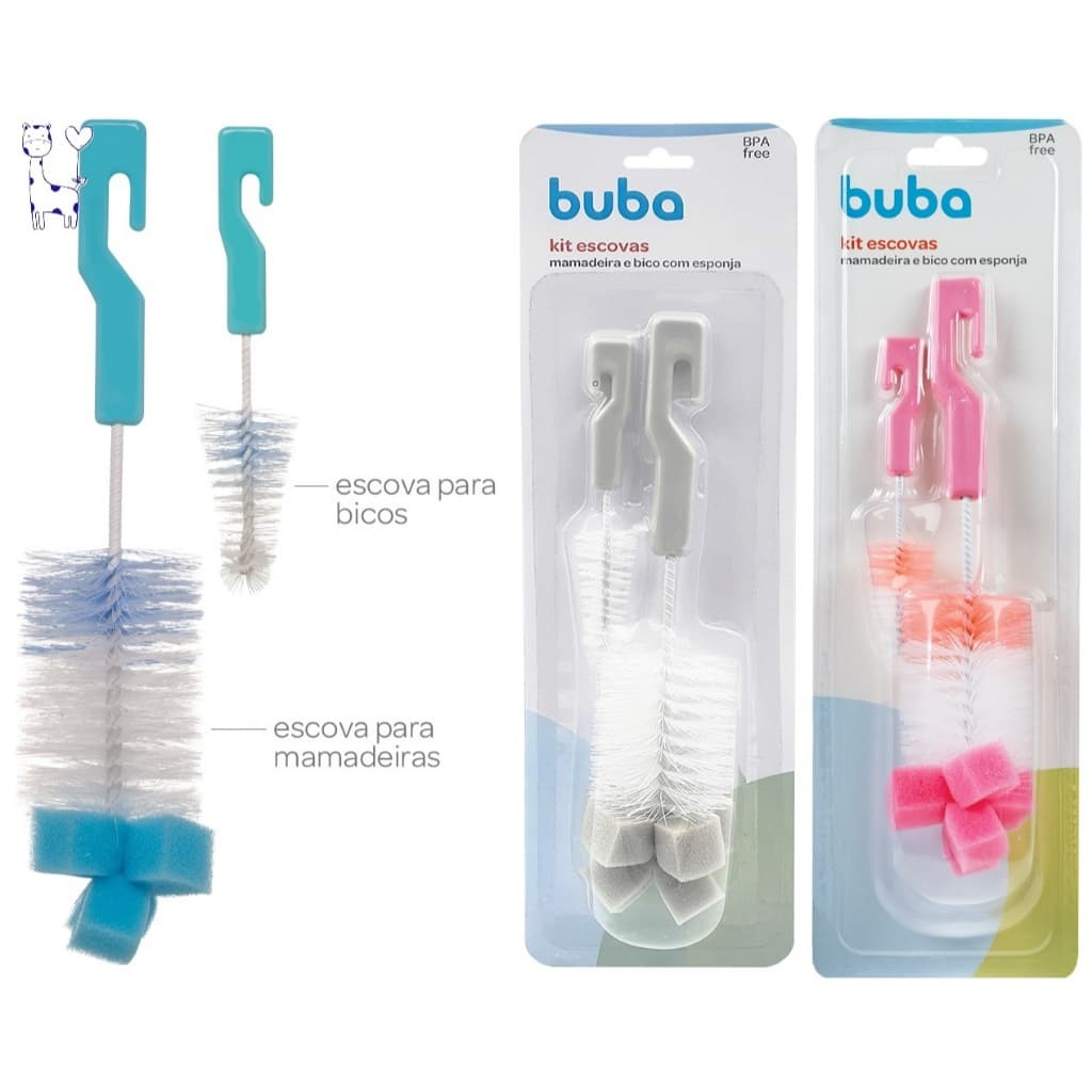 Kit Escovas Buba para lavar mamadeira/bico com esponja bebê higiene prática limpeza fácil