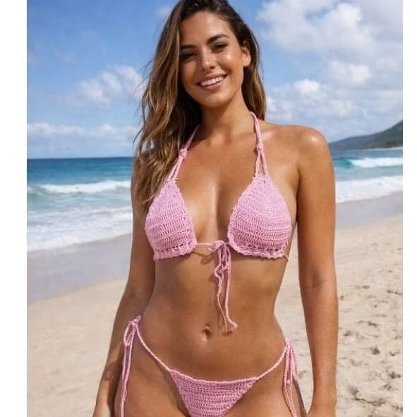 Biquíni de Crochê Rosa Feminino Conjunto Verão Praia Moda Blogueira