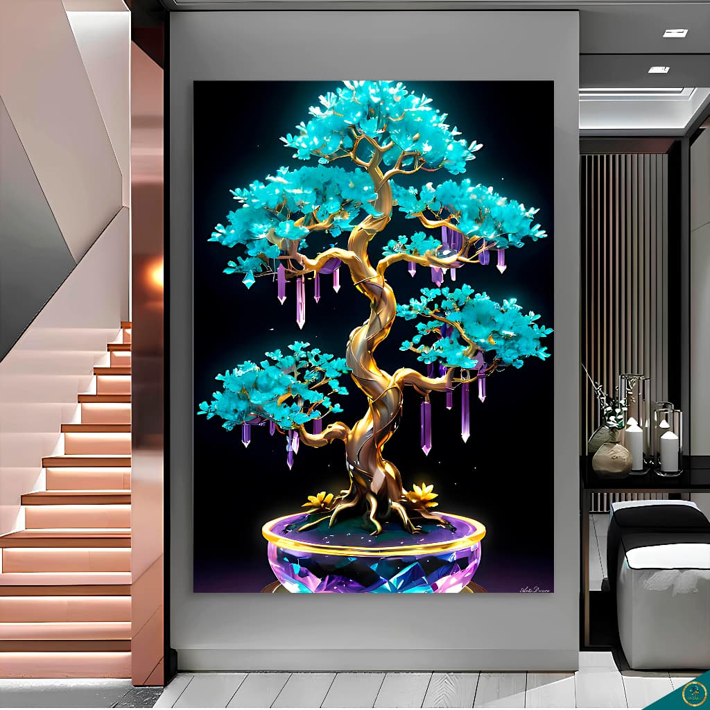 Quadro decorativo Árvore da Vida Dourada e Diamantes com Arte 3D Moderna Para Sala Quarto 1 Peça