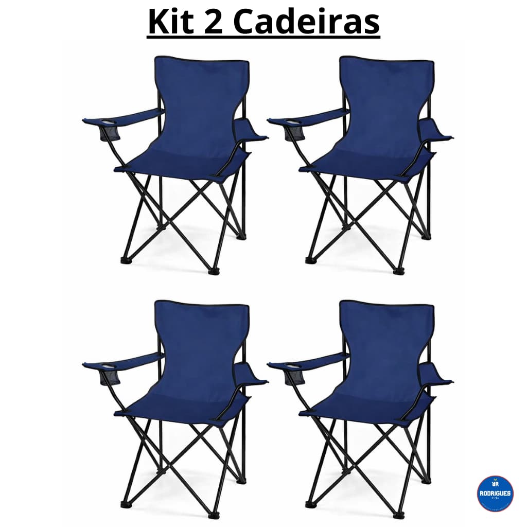 kit 4 Cadeira Dobrável Azul e Preta com Porta Copos Pesca Praia Acampamento