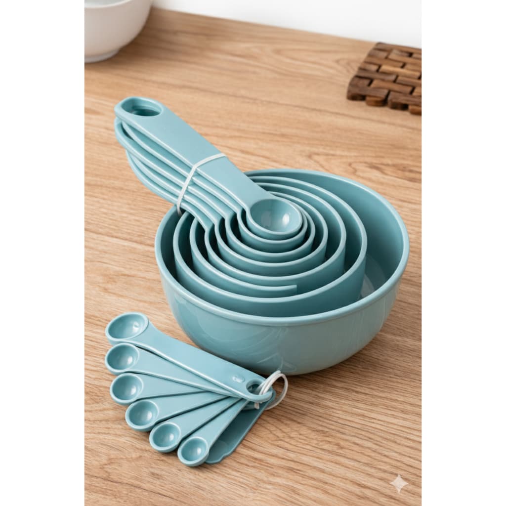 Kit Medidores de Cozinha 8 Peças, Jogo de Xícaras e Colheres Medidoras Azul, Conjunto de Medidores Empilháveis.
