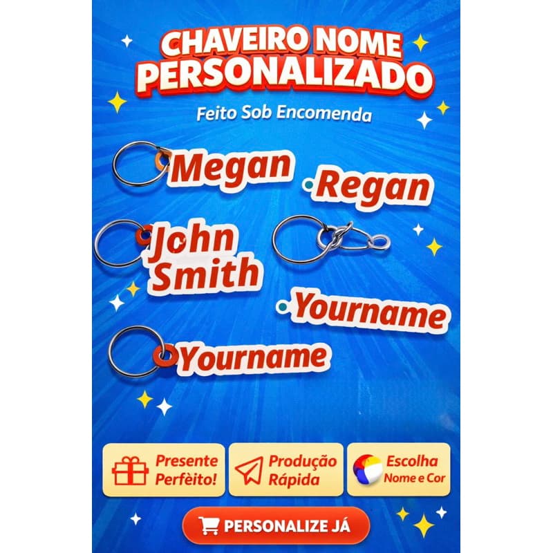 Chaveiro Nome Personalizado Fundo Branco – 1 Unidade