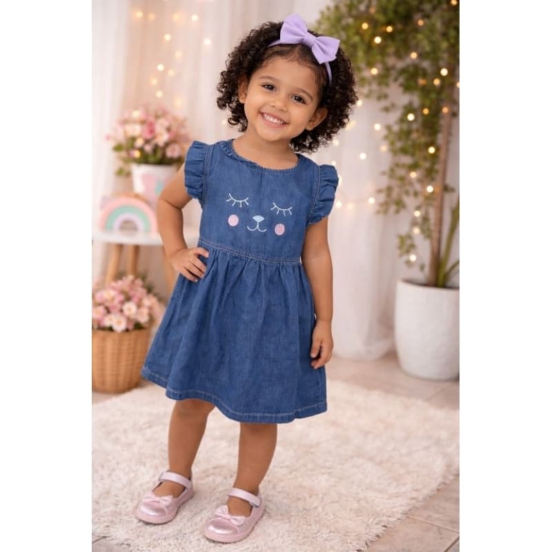 Vestido Jeans Infantil Trapézio Lilo e Stitch Capivara Gatinho