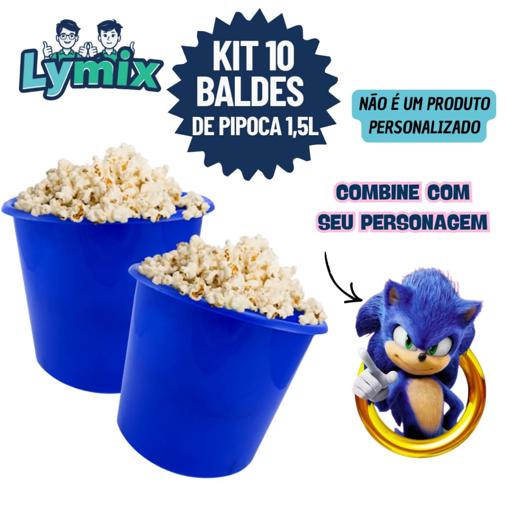 KIT 10 BALDES DE PIPOCA 1,5L PP PARA PERSONALIZAR E ADESIVAR FESTA/ SONIC - VARIOS TEMAS