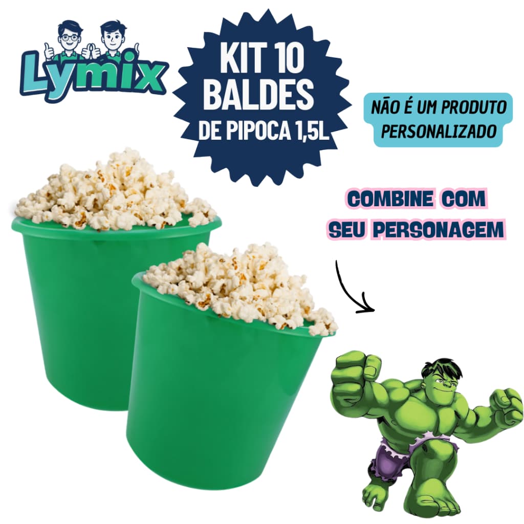 KIT 10 BALDES DE PIPOCA 1,5L PP PARA PERSONALIZAR E ADESIVAR FESTA/ HULK- VARIOS TEMAS