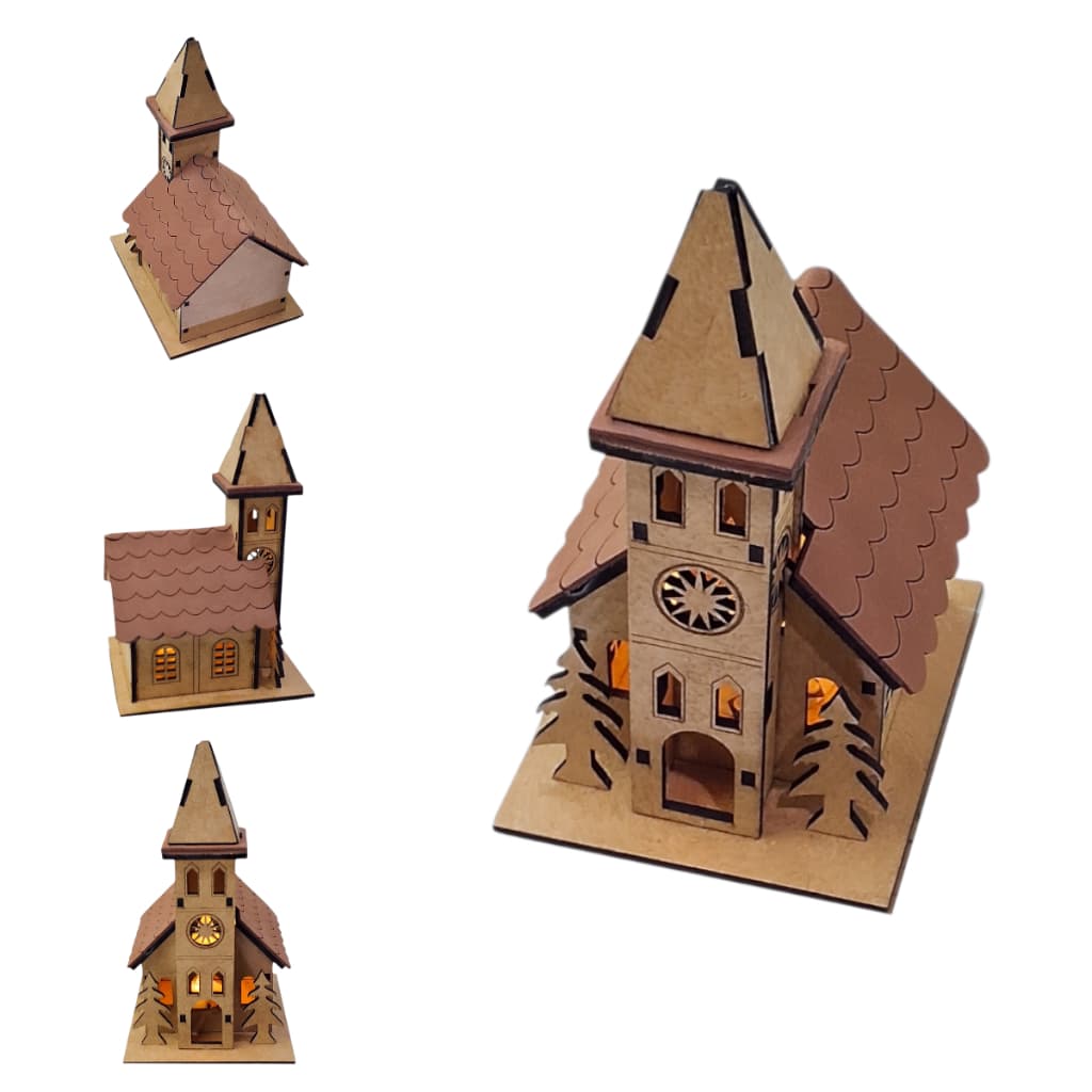Mini Igreja Casa Casinha Maquete Iluminada MDF Decorativa Artesanal Corte Laser Diodo Cnc