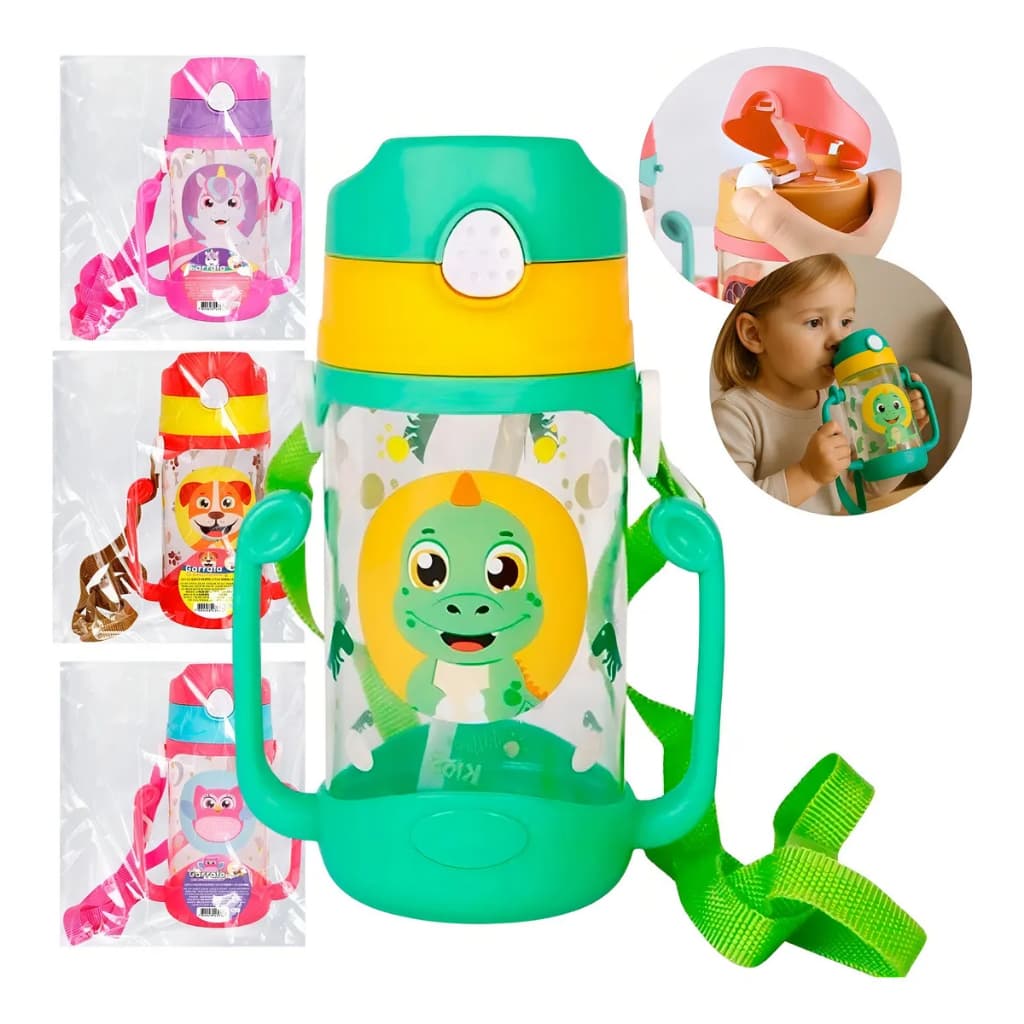 Garrafa De Água Infantil Escola Creche 400ml Alça Dupla C/ Canudo Silicone