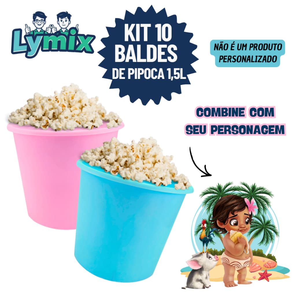KIT 10 BALDES DE PIPOCA 1,5L PP PARA PERSONALIZAR E ADESIVAR FESTA/ MOANA - VARIOS TEMAS