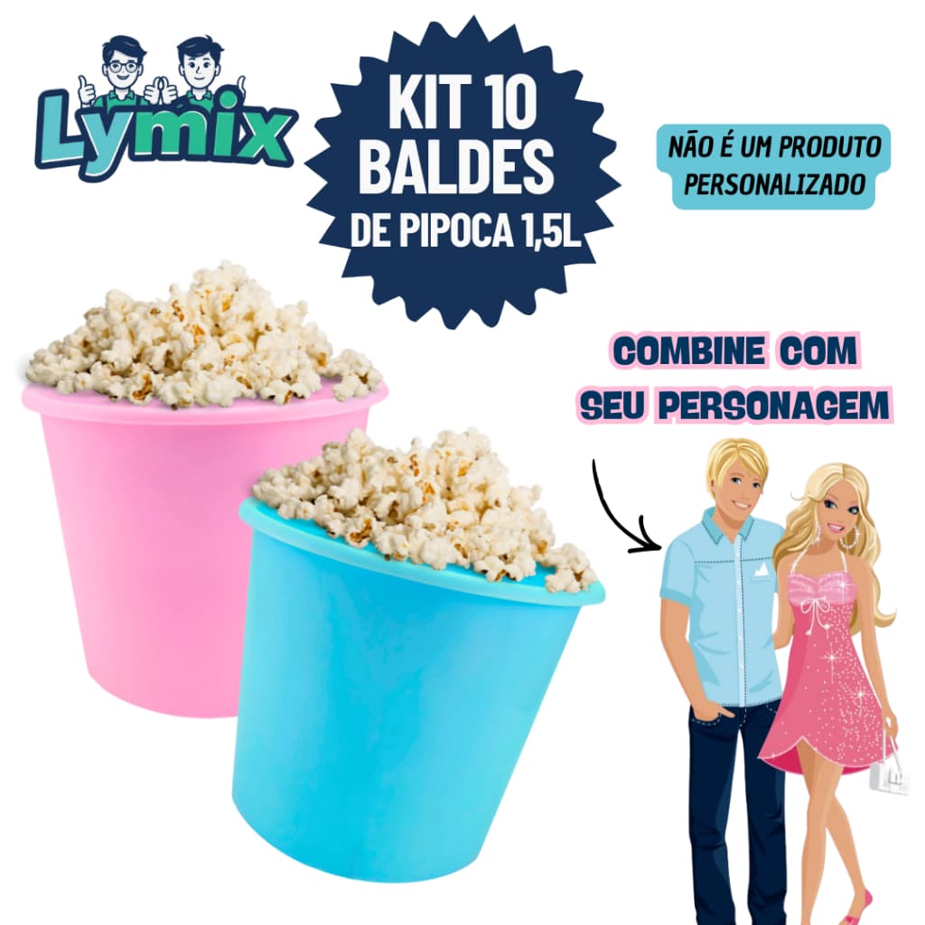 KIT 10 BALDES DE PIPOCA 1,5L PP PARA PERSONALIZAR E ADESIVAR FESTA/ BARBIE - VARIOS TEMAS
