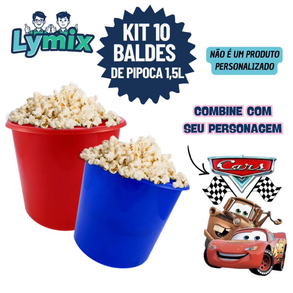 KIT 10 BALDES DE PIPOCA 1,5L PP PARA PERSONALIZAR E ADESIVAR FESTA/ RELAMPAGO MCQUEEN - VARIOS TEMAS
