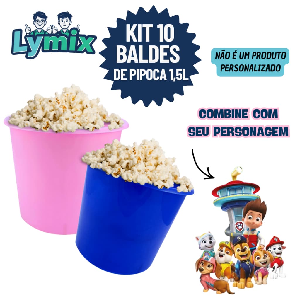KIT 10 BALDES DE PIPOCA 1,5L PP PARA PERSONALIZAR E ADESIVAR FESTA/ PATRULHA CANINA - VARIOS TEMAS