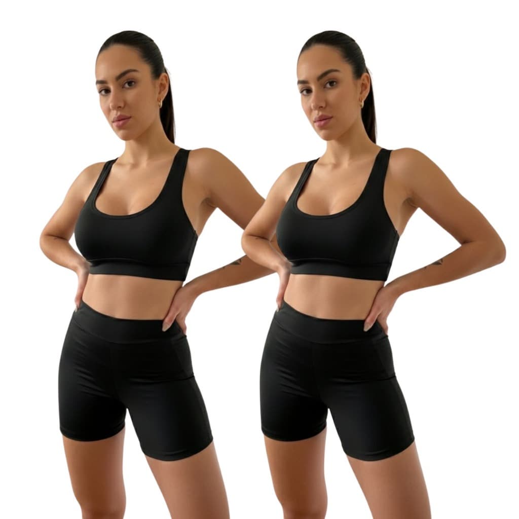 Kit 2 Conjuntos Fitness Top Nadador Shorts Bolso Lateral Suplex Media Compressao Atividade Física