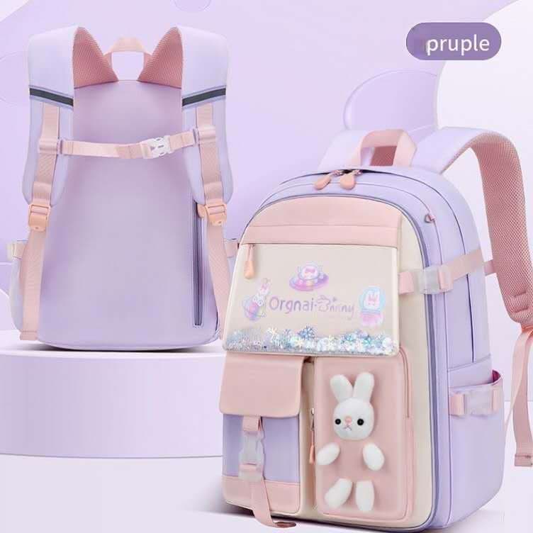 Mochila Escolar Infantil Feminina Ortopédica Lilás com Coelhinho Fofo – Leve, Ergonômica e Espaçosa